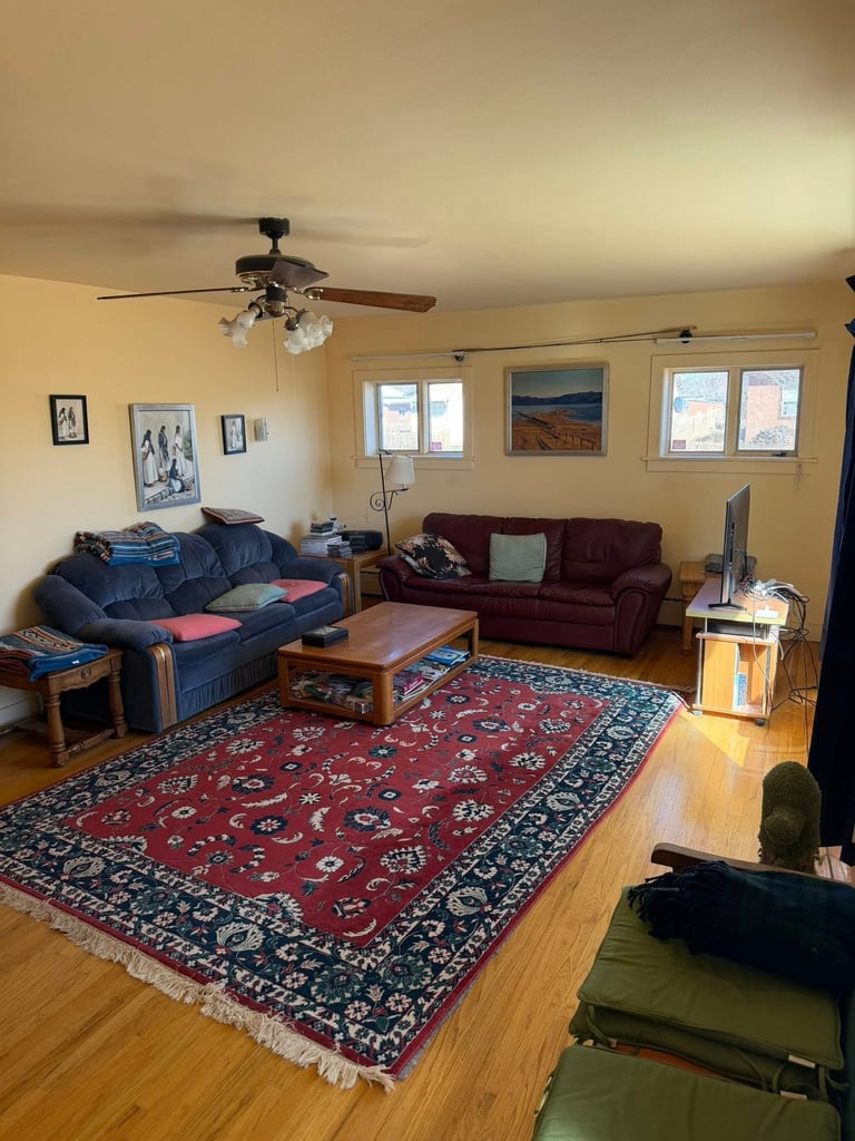Cozy living room with cream walls, blue and burgundy furniture, red patterned area rug, wooden floors, and ceiling fan