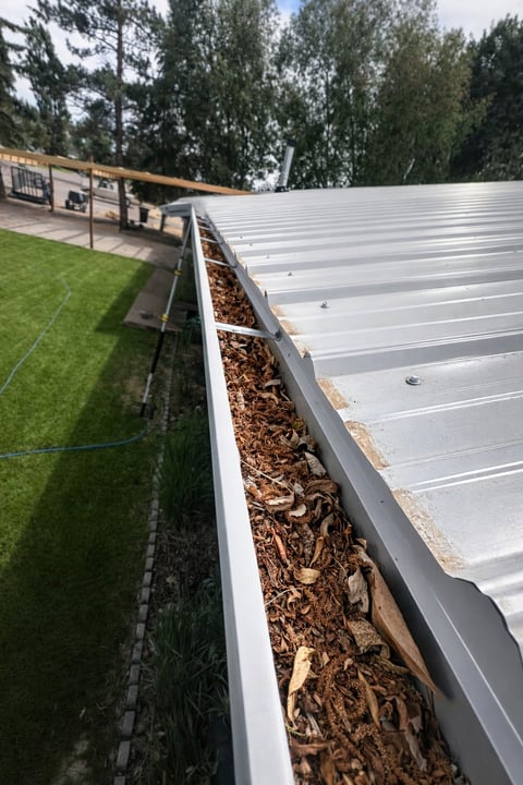 Metal rain gutter filled with mulch alongside a residential building roof and lawn area with trees in background