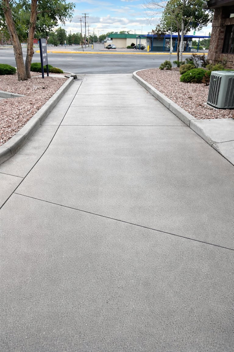 Empty concrete walkway leading to a commercial street with parked vehicles, trees, and landscaped flower beds on sides