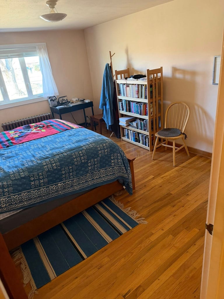 Bedroom with wood bed, blue striped rug, wooden bookshelf, wooden chair, desk, and window with natural light